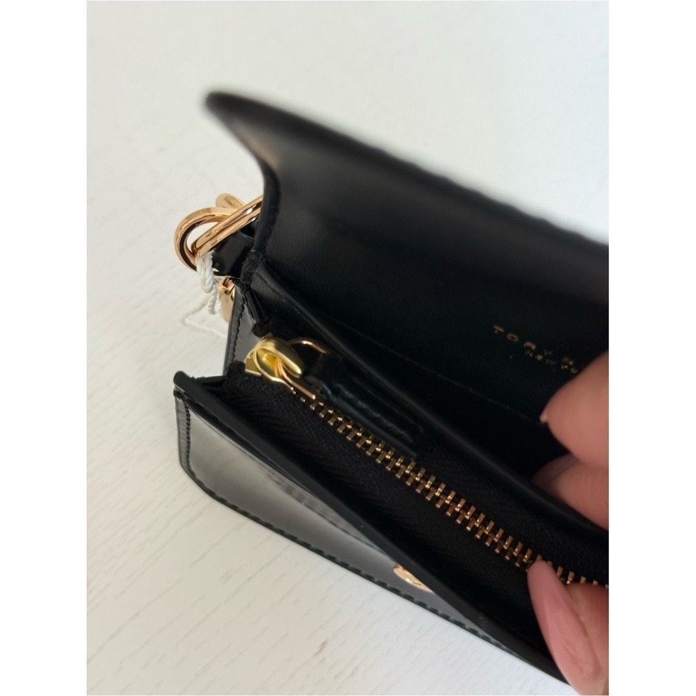Tory Burch Emerson Smooth Flap Card Case Wallet 176972 Sleek Black Zip Key Hook - Picture 7 of 10